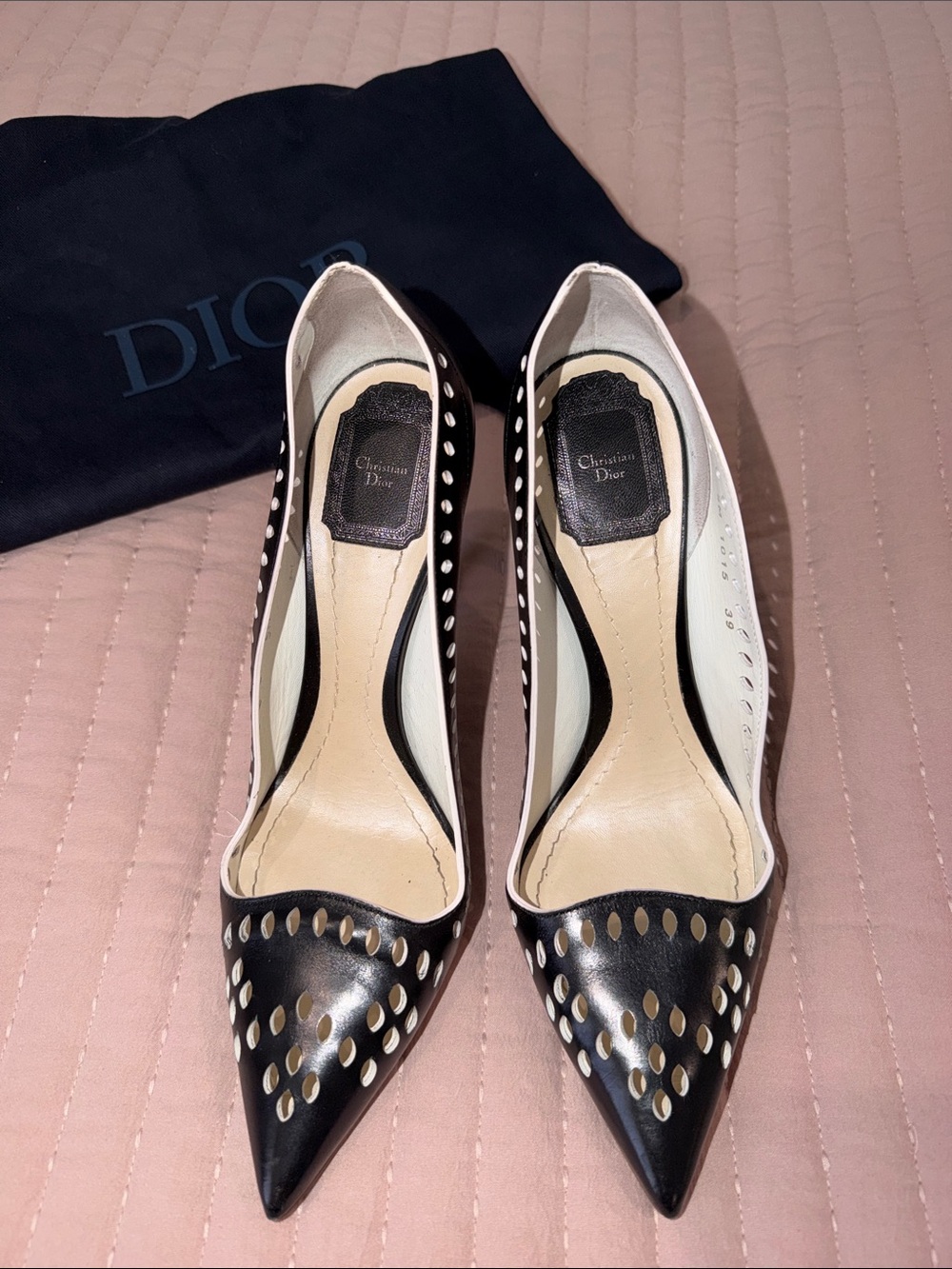 Dior Black and White Perforated Pointed-Toe Pumps